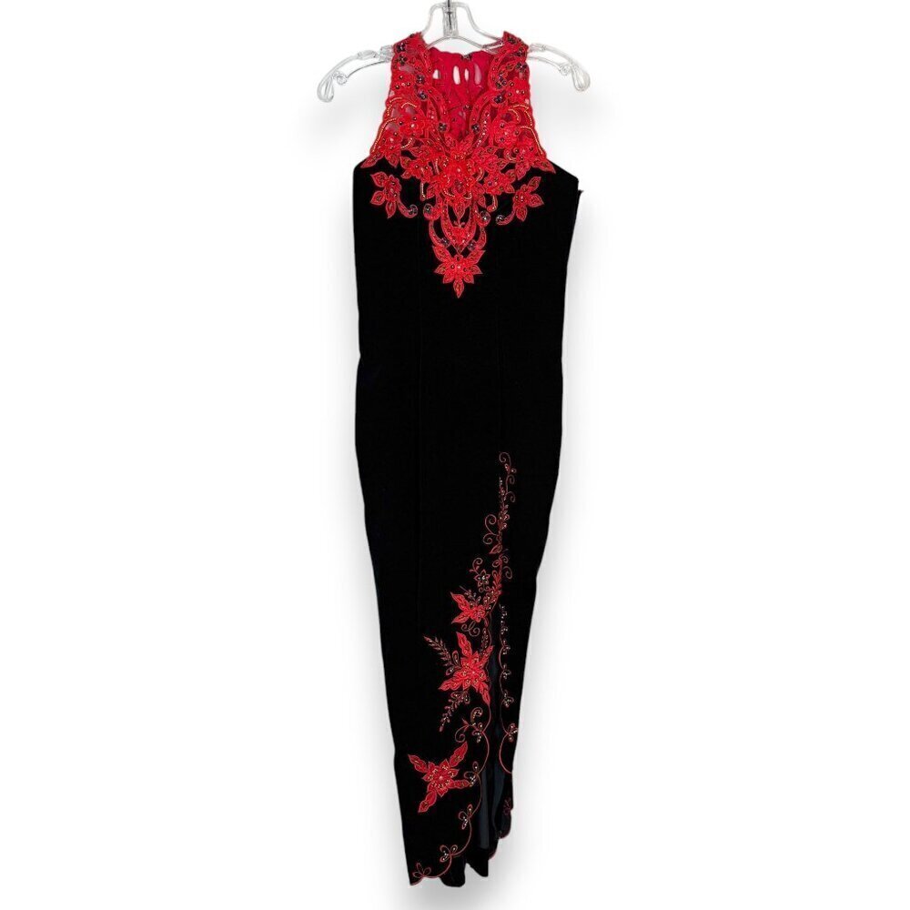 Vintage Cheongsam Qipao Dress Gown Black Velvet Red Long Maxi Hand Sewn Lace XS - Picture 3 of 12